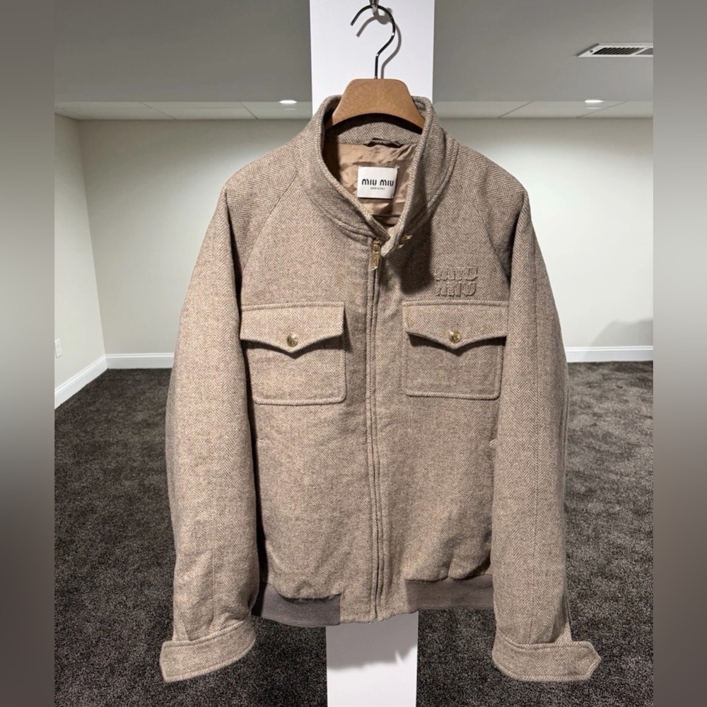 Miu Miu Brown / Biege Chevron Cord Logo Blouson Zip Bomber Jacket